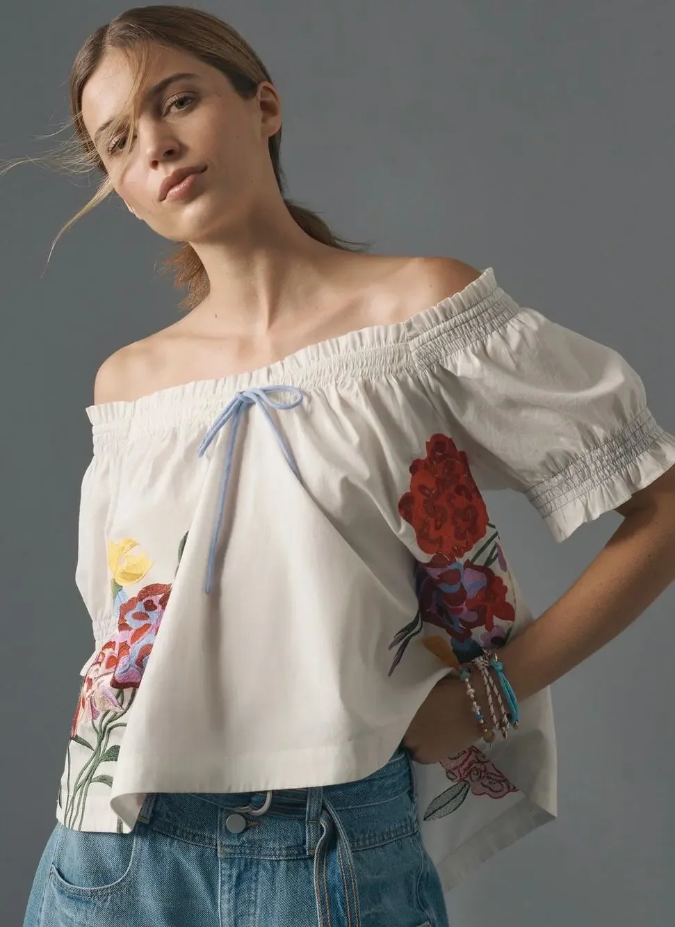 By Anthropologie Puff-Sleeve Tie-Front Embroidered Blouse | Size M